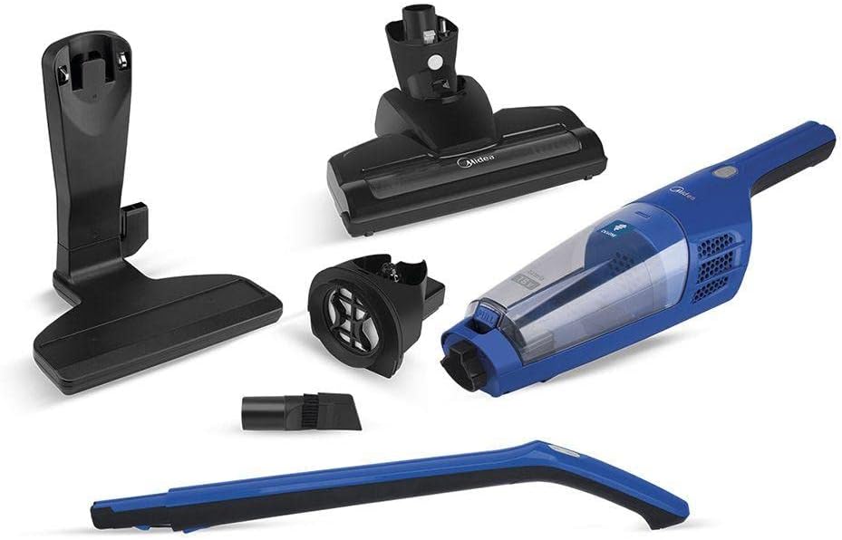 Aspirador de pó vertical VSB15B azul da marca MIDEA, desmontado e com sua base de recarga.